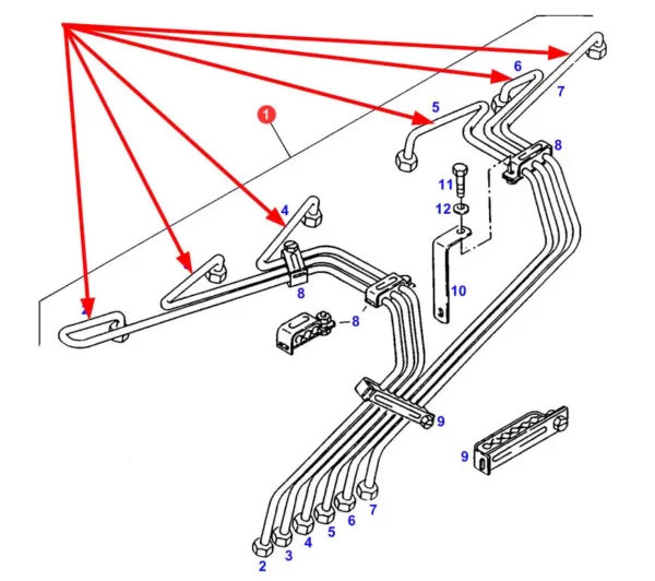 Oryginalny przewód wysokiego ciśnienia paliwowy o numerze katalogowym F824200711030, stosowany w ciągnikach rolniczych marki Fendt schemat.