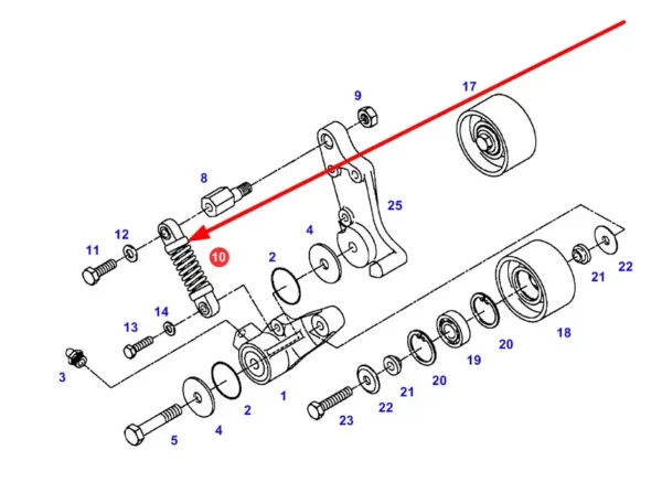 Oryginalny amortyzator sprężynowy napinacza paska klinowego o numerze katalogowym F824201040010, stosowny w maszynach i pojazdach rolniczych marki Fendt schemat.