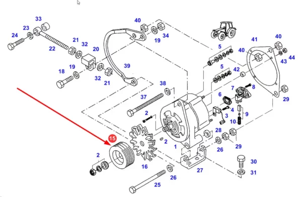 Oryginalne koło pasowwe alternatora o wymiarach 22 mm i numerze katalogowym F824900010200, stosowane w ciągnikach rolniczych marki Fendt. schemat