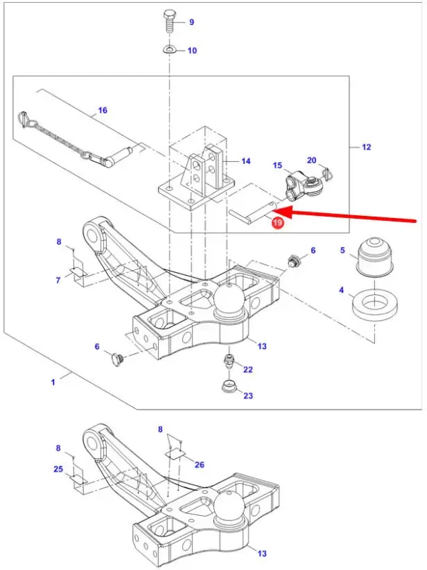 Oryginalna zawleczka zaczepu kulowego o numerze katalogowym F835500165050, stosowana w ciągnikach rolniczych marki Fendt, Valtra oraz Massey Ferguson schemat