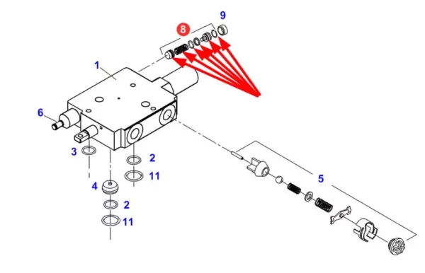 Oryginalny zestaw naprawczy zaworu o numerze katalogowym F916961022160, stosowany w ciągnikach marek Challenger, Massey Ferguson oraz Fendt schemat.
