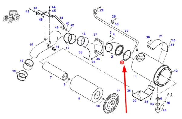 Oryginalny pierścień oring przychodzący pod filtr powietrza, stosowany w ciągnikach rolniczych marki Fendt - schemat.