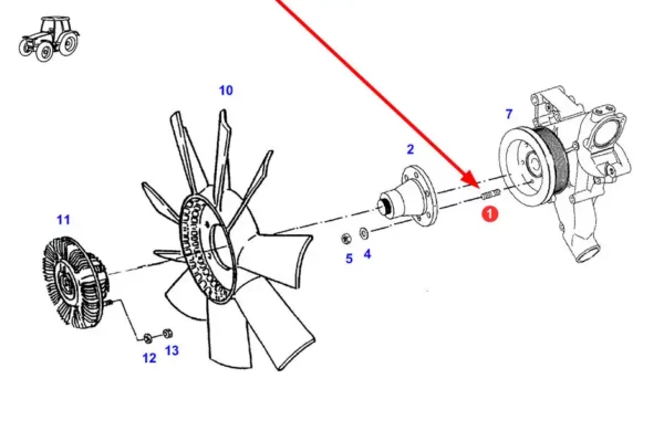 Oryginalna szpilka wentylatora chłodnicy o wymiarach M8 x 18, stosowana w ciągnikach rolniczych marki Fendt schemat