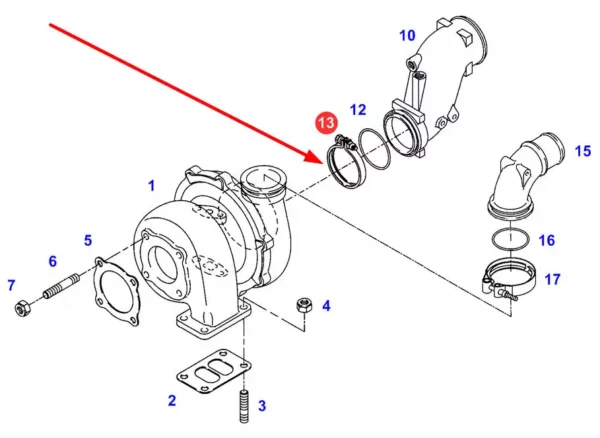 Oryginalna opaska zaciskowa stosowana na kolektorze dolotowym turbosprężarki doładowującej ciągników marki Fendt schemat.