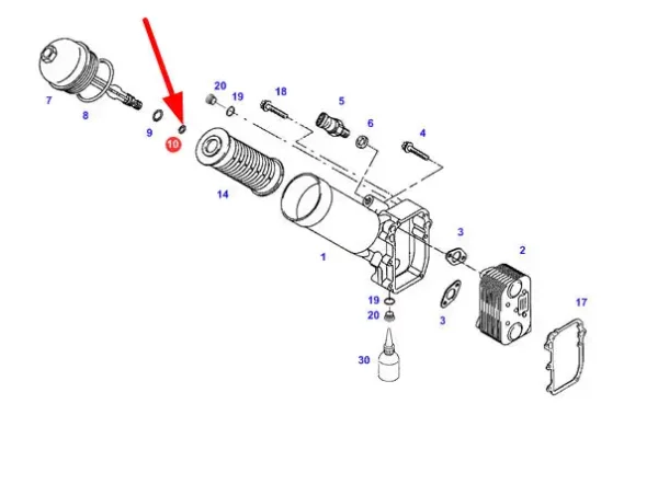 Oryginalny pierścień oring filtra oleju o wymiarach 10 X 2 i numerze katalogowym F926202310060, stosowany w ciągnikach rolniczych marki Fendt schemat.