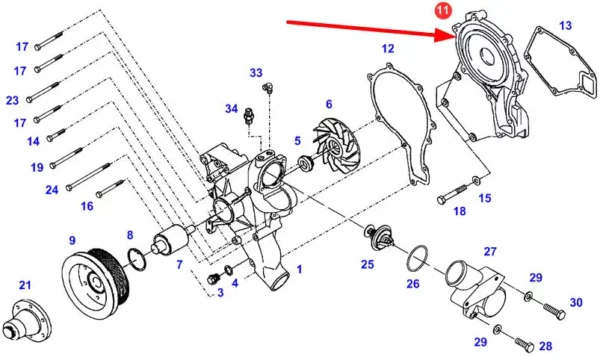 Oryginalna obudowa pompy wody o numerze katalogowym F926202610030, stosowana w ciągnikach rolniczych marki Fendt schemat.