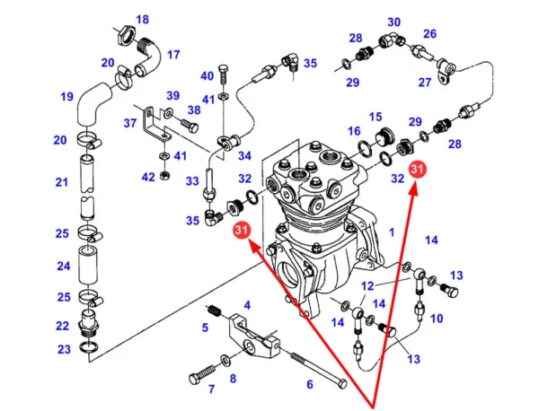 Oryginalna redukcja sprężarki układu pneumatycznego o numerze katalogowym F926880010140, stosowana w ciągnikach rolniczych marki Fendt schemat.