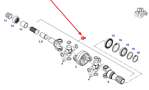 Oryginalny, prawy wał przegubowy napędu przedniej osi o numerze katalogowym F930301020070, stosowany w ciągnikach rolniczych marek Fendt. schemat