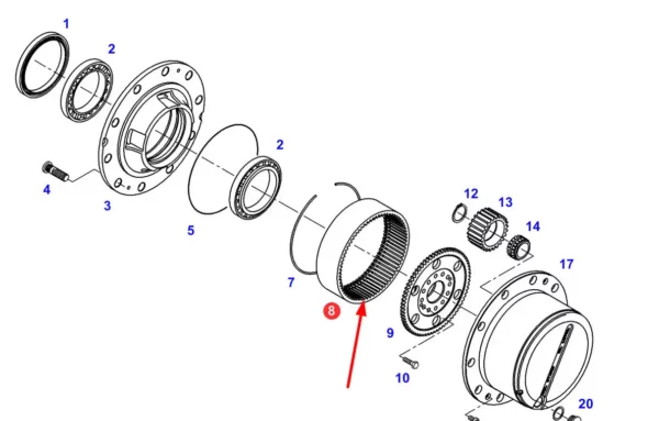 Oryginalne koło zębate napędu planetarnego o numerze katalogowym F930301020150, stosowane w ciągnikach rolniczych marki Fendt schemat