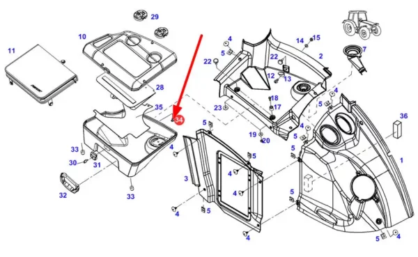 Oryginalna zaślepka obudowy schowka o numerze katalogowym F931812070070, stosowana w ciągnikach rolniczych marki Fendt schemat.