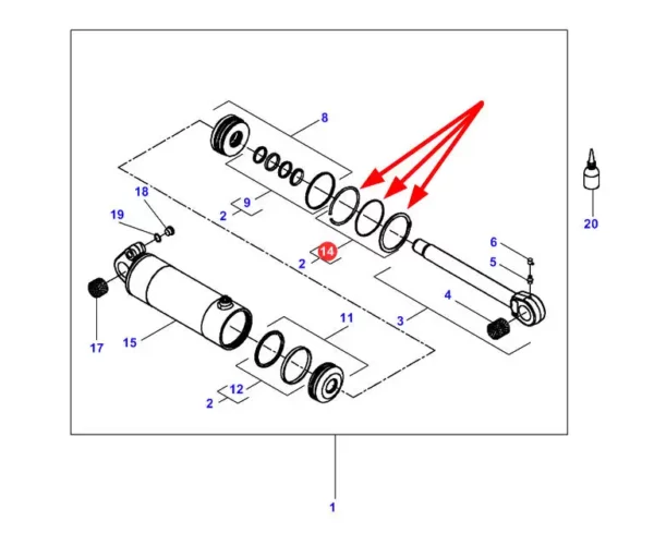 Oryginalny zestaw uszczelnień siłownika hydraulicznego o numerze katalogowym F931860030070, stosowany w ciągnikach rolniczych marki Fendt, Massey Ferguson, Challenger oraz Valtra schemat