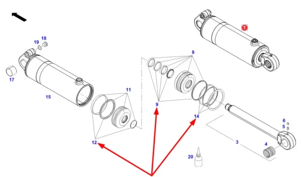 Oryginalny zestaw uszczelek siłownika hydraulicznego podnośnika o numerze katalogowym F931860030100, stosowany w ciągnikach rolniczych marki Fendt, Massey Ferguson, Challenger, Valtra schemat.