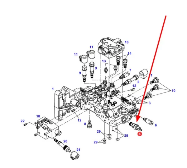 Oryginalny zawór bloku hydraulicznego 230 + 5 BAR o numerze katalogowym F931962025080, stosowany w maszynach marki Fendt schemat.