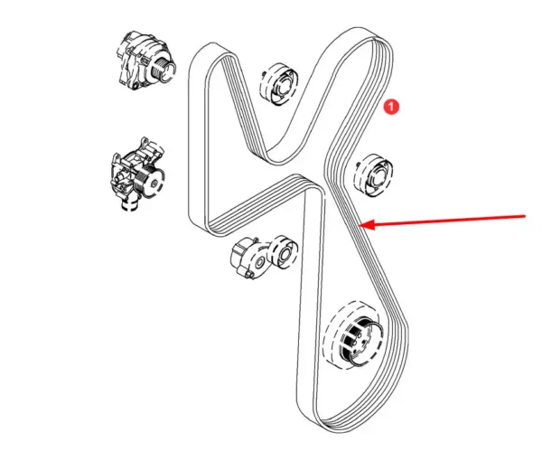 Oryginalny pasek klinowy wielorowkowy osprzętu silnika o wymiarach 10 PK x 2215 lp, stosowany w ciągnikach rolniczych marki Fendt. schemat