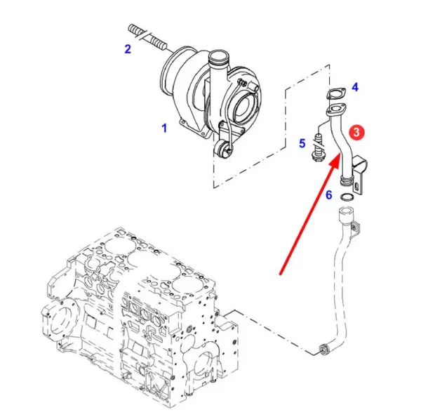 Oryginalny przewód powrotny turbosprężarki o numerze katalogowym F934201090240, stosowany w ciągnikach rolniczych marki Fendt schemat.