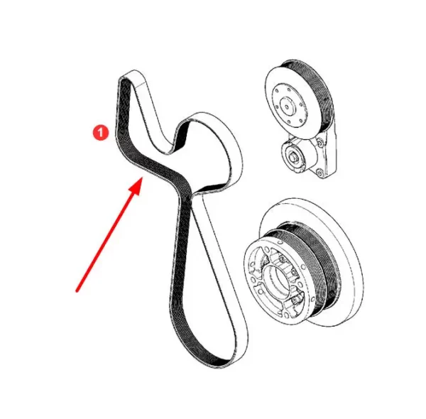 Oryginalny pasek klinowy wielorowkowy o wymiarze 10 PK x 2200 lp, stosowany w maszynach rolniczych marki Fendt. schemat