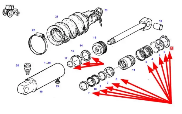 Oryginalny komplet pierścieni uszczelniających, stosowany w ciągnikach rolniczych marki Fendt - schemat.
