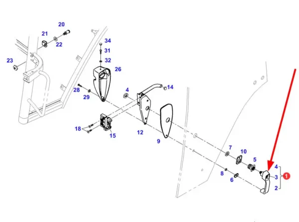 Oryginalny uchwyt zatrzasku drzwi, stosowany w ciągnikach marki Fendt schemat.