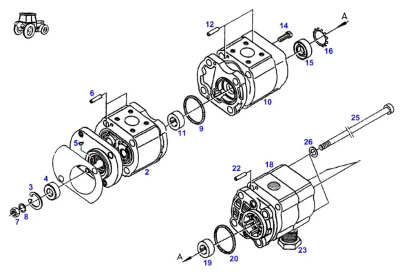 Oryginalny zestaw pomp hydraulicznych o numerze katalogowym G117941010011, stosowany w ciągnikach rolniczych marki Fendt schemat.