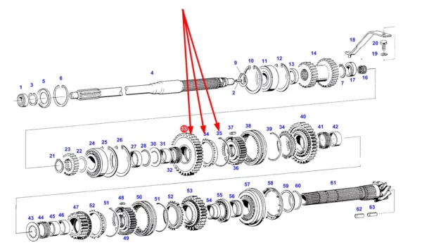 Oryginalne koło zębate o 32 zębach pierwszego biegu skrzyni z synchronizatorem i numerze katalogowym G199100080010, stosowane w ciągnikach rolniczych marki Fendt. schemat