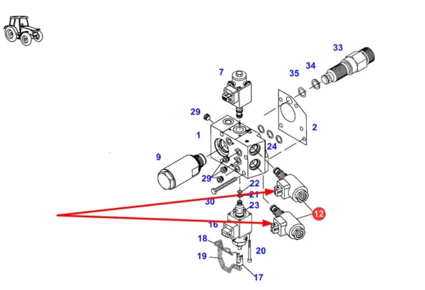 Oryginalna cewka zaworu hydraulicznego o numerze katalogowym G312100600110, stosowana w ciagnikach rolniczych marek Fendt, Massey Ferguson, Valtra i Challenger. schemat