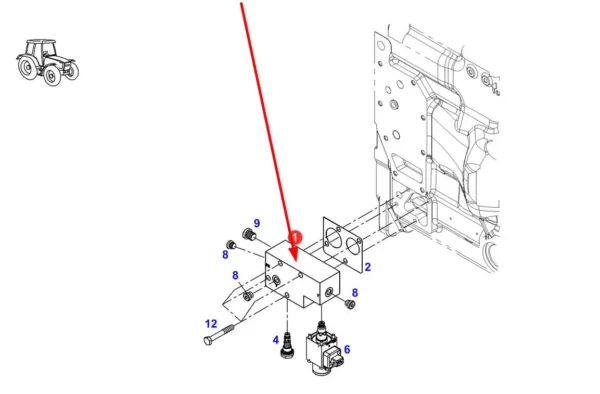 Oryginalny blok zaworów o numerze katalogowym G339100600012, stosowany w ciągnikach rolniczych marki Fendt schemat.