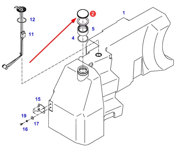 Oryginalny korek wlewu paliwa o średnicy 80 mm, stosowany w ciągnikach rolniczych marki Fendt schemat.