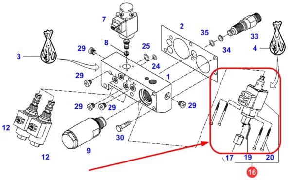 Oryginalny elektrozawór hydrauliczny o numerze katalogowym G716100600122, stosowany w maszynach rolniczych marek Challenger, Fendt, Massey Ferguson i Valtra schemat