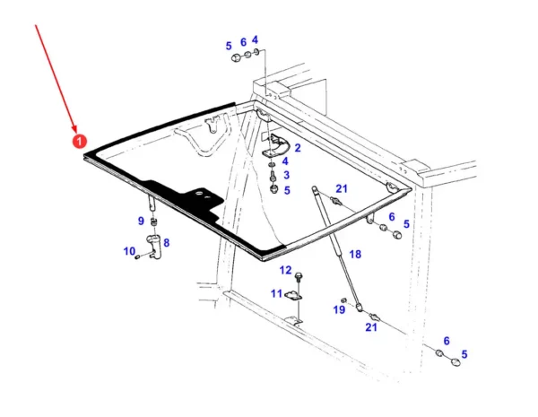 Oryginalna szyba przednia o numerze katalogowym G716810040051, stosowana w ciągnikach rolniczych marki Fendt.-schemat