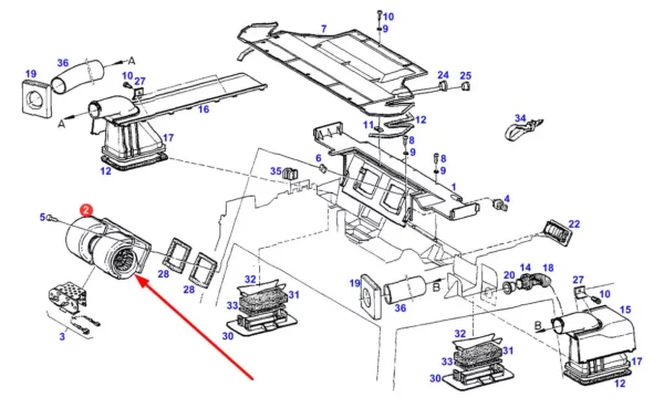 Oryginalna dmuchawa nawiewu powietrza kabiny, stosowana w ciągnikach rolniczych marki Fendt schemat
