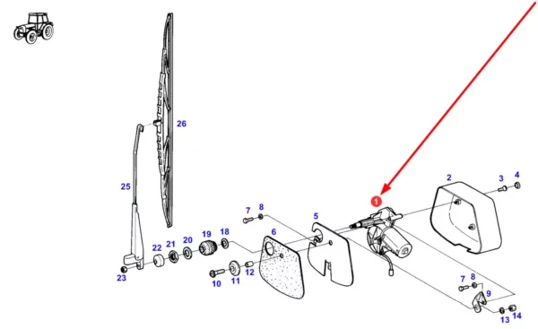 Oryginalny silnik wycieraczki przedniej szyby kabiny o numerze katalogowym G716810170021, stosowany w ciągnikach rolniczych marki Fendt schemat.