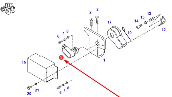 Oryginalny czujnik pozycji podnośnika o numerze katalogowym G716861100021, stosowany w ciągnikach rolniczych marek Massey Ferguson, Fendt, Challenger i Valtra. schemat