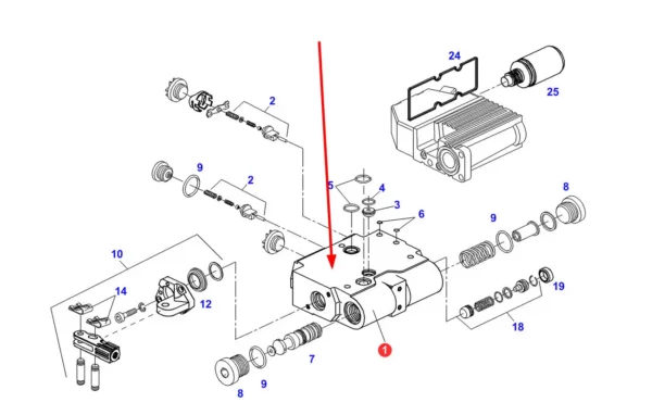 Oryginalny zawór hydrauliczny o numerze katalogowym G716961022021, stosowany w ciagnikach rolniczych marki Fendt. schemat