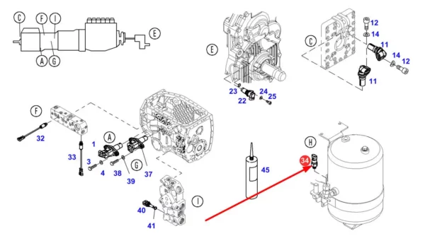 Oryginalny czujnik ciśnienia powietrza skrzyni biegów, stosowany w ciągnikach rolniczych marki Challenger, Valtra, Fendt i Massey Ferguson. schemat