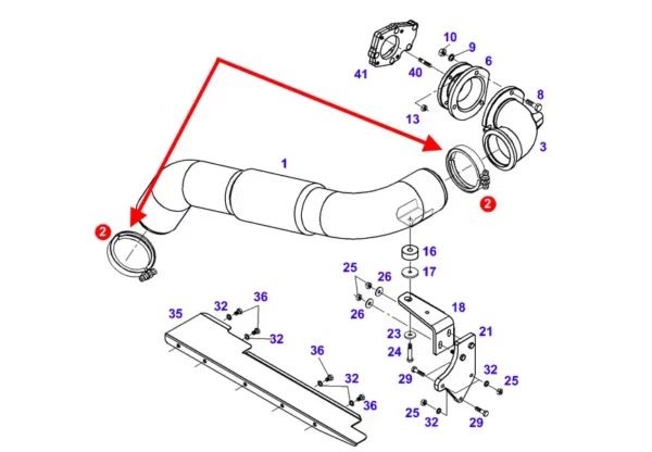Oryginalna opaska zaciskowa układu wydechowego, stosowana w ciągnikach rolniczych marki Fendt. schemat