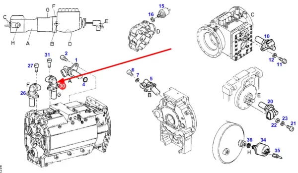 Oryginalny czujnik elektryczny 85mm o numerze katalogowym G816970020013, stosowany w ciągnikach rolniczych marki Fendt oraz Massey Ferguson schemat.