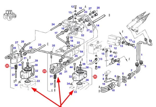 Oryginalny zawór hamulca hydraulicznego o numerze katalogowym G822100070065, stosowany w ciągnikach marki Fendt schemat.