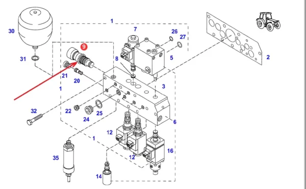Oryginalny zawór redukcji ciśnienia o numerze katalogowym G916101600020, stosowany w ciagnikach rolniczych marek Fendt, Massey Ferguson, Valtra i Challenger. schemat