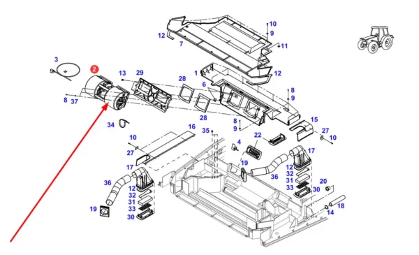Oryginalny wentylator nawiewów kabiny o numerze katalogowym G930810140023, stosowany w ciągnikach rolniczych marki Fendt schemat.
