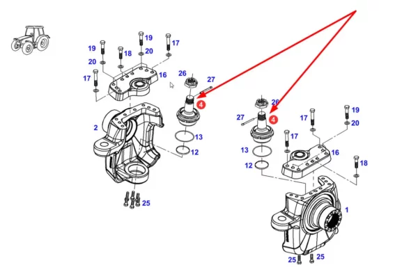 Oryginalny przegub kulowy zwrotniz przedniej osi o numerze katalogowym F931303220170, stosowany w ciagnikach rolniczych marki Fendt. schemat