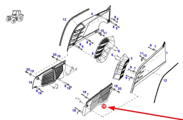 Oryginalna osłona lewa silnika o numerze katalogowym G931502021101, stosowana w ciągnikach rolniczych marki Fendt. schemat