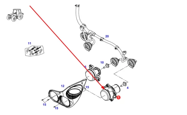 Oryginalny reflektor o numerze katalogowym G931901020141, stosowany w ciągnikach rolniczych marki Fendt, Massey Ferguson schemat.