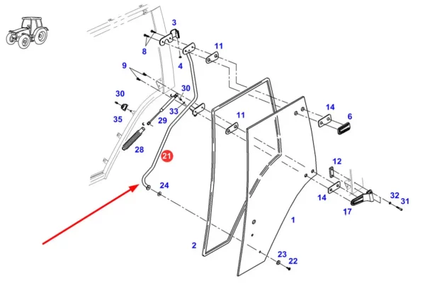 Oryginalny uchwyt drzwi kabiny o numerze katalogowym H117810030050, stosowany w ciągnikach rolniczych marki Fendt schemat