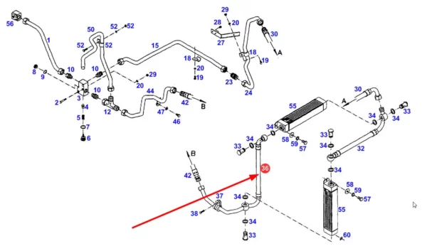 Oryginalny przewód gumowo-metalowy doprowadzający olej do chłodnicy oleju, stosowany w ciągnikach rolniczych marki Fendt schemat