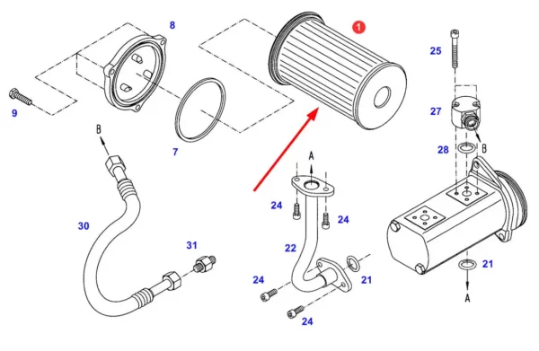 Oryginalny wkład filtra oleju hydrauliki marki Agco, stosowany w ciągnikach rolniczych marki Fendt. schemat