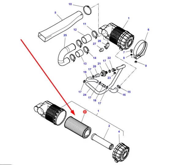Oryginalny filtr zewnętrzny powietrza silnika o numerze katalogowym H411201090100, stosowany w ciągnikach rolniczych marek Massey Ferguson oraz Fendt schemat