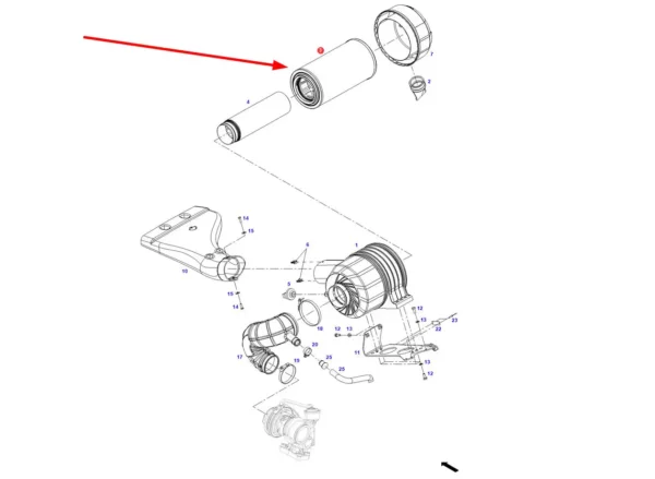 Oryginalny, zewnętrzny filtr powietrza silnika o numerze katalogowym H438200090100, stosowany w ciągnikach rolniczych marki Fendt schemat