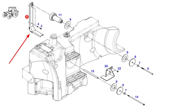 Oryginalny uchwyt zbiornika paliwa o numerze katalogowym H737200062040, stosowany w ciągnikach rolniczych marki Fendt. schemat