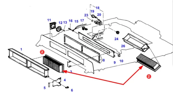 Oryginalny filtr kabinowy marki Agco, stosowany w ciągnikach rolniczych marki Fendt. schemat