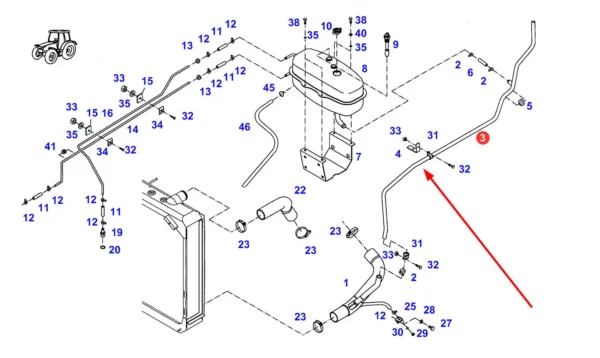Oryginalny przewód układu chłodzenia o numerze katalogowym H916201051221, stosowany w ciągnikach rolniczych marki Fendt. schemat